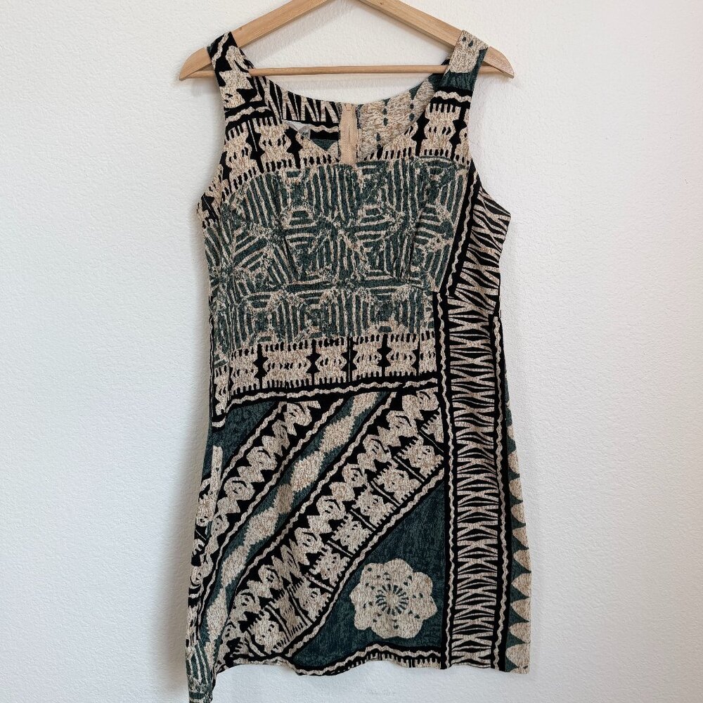 Vtg. Hilo Hattie The Hawaiian Original Dress Size 12 Sheath Green Tan Tribal